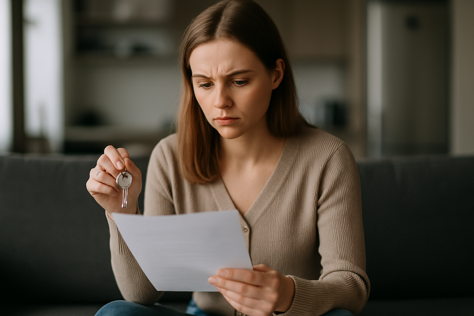 Kobieta siedząca na kanapie, trzymająca klucze i kartkę papieru, wyraża zmartwienie. W tle nowoczesne wnętrze mieszkania.