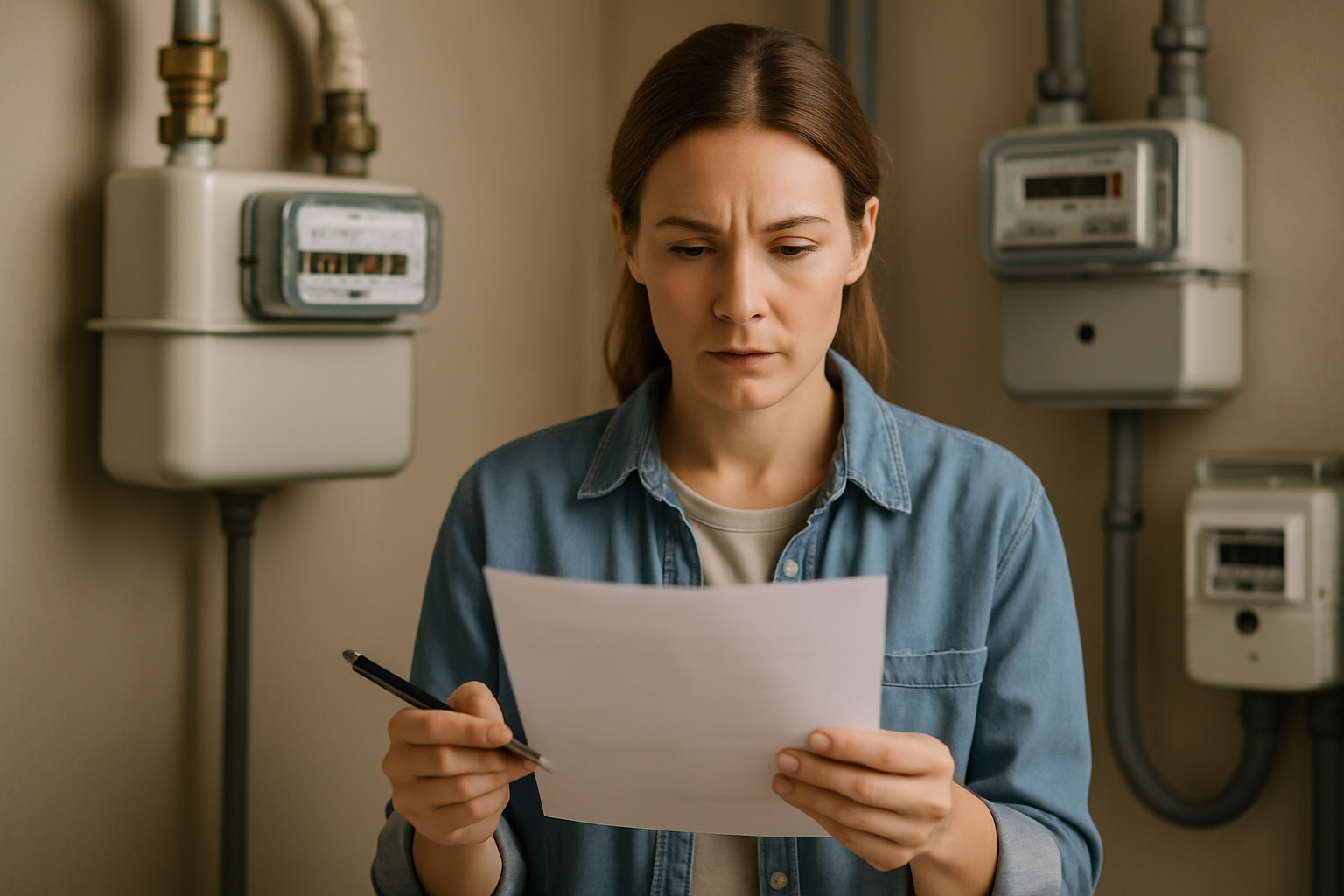 Kobieta w niebieskiej koszuli trzyma kartkę papieru, zmartwiona, stojąc w pomieszczeniu z licznikami energii.
