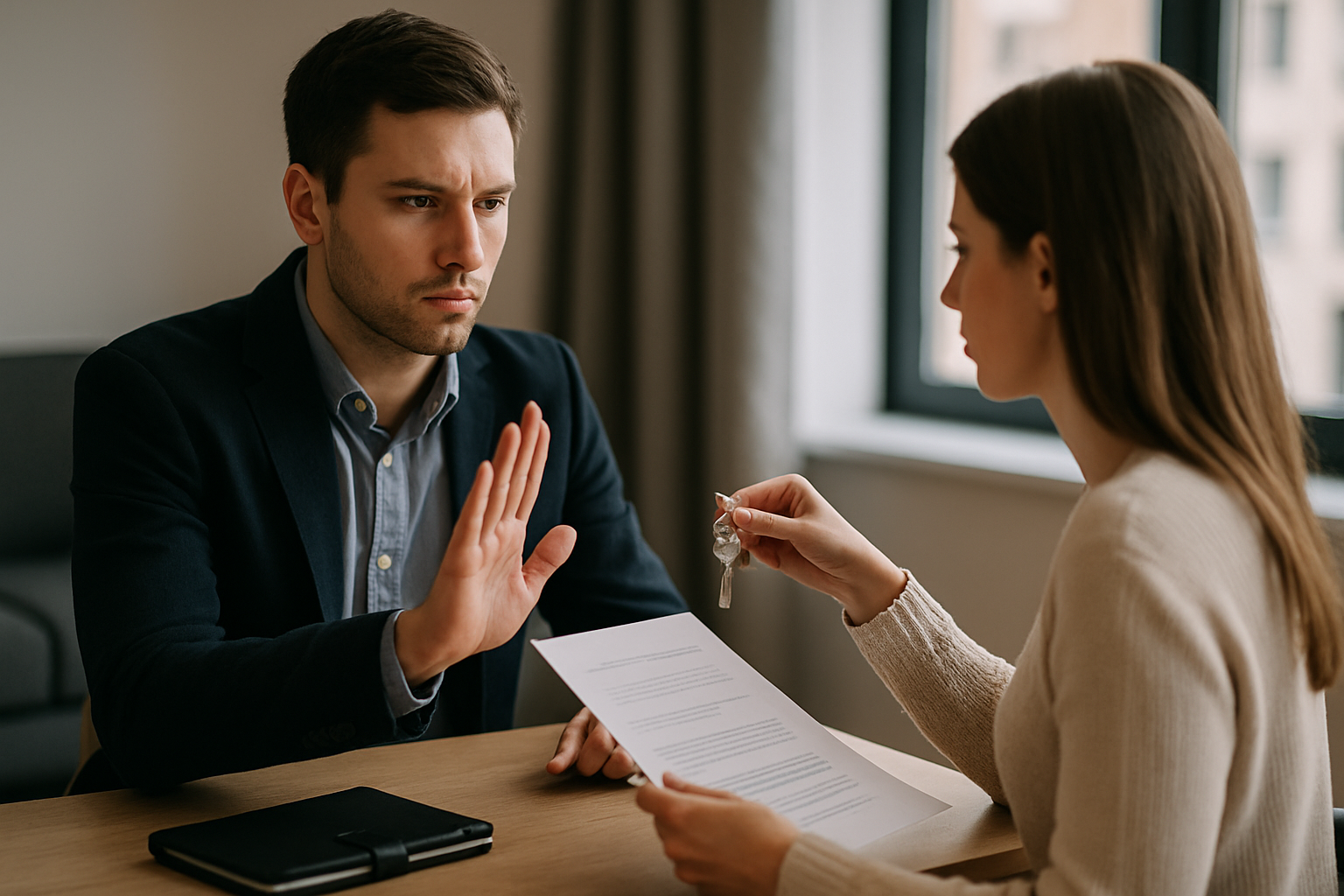 Mężczyzna w garniturze odmawia przyjęcia dokumentu od kobiety, która trzyma klucze i kartkę papieru. Scena rozgrywa się w biurze z dużymi oknami, a na stole leży czarna teczka.