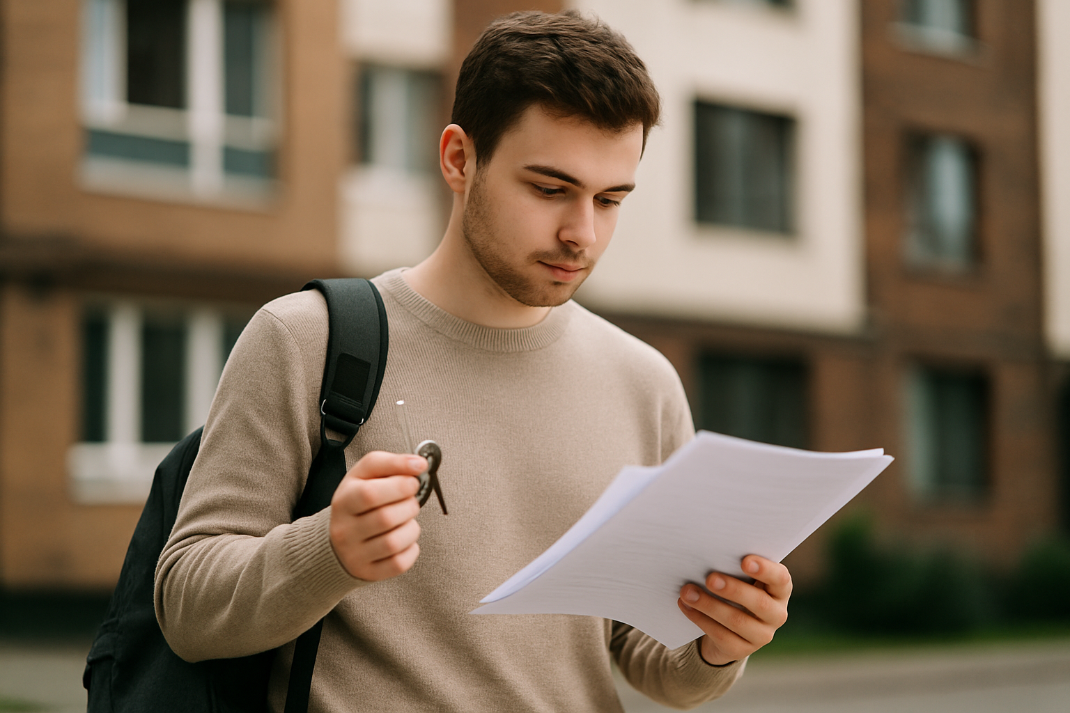 Młody mężczyzna w beżowym swetrze trzyma klucze i kartki papieru, stojąc przed budynkiem mieszkalnym. Wygląda na zamyślonego, czytając dokumenty.