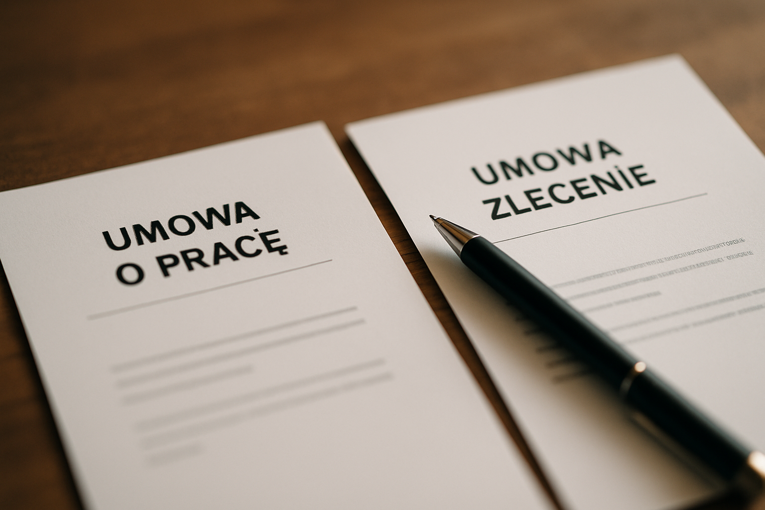 Dokumenty umowy o pracę i umowy zlecenie leżą na drewnianym biurku obok długopisu, symbolizując formalności związane z zatrudnieniem.