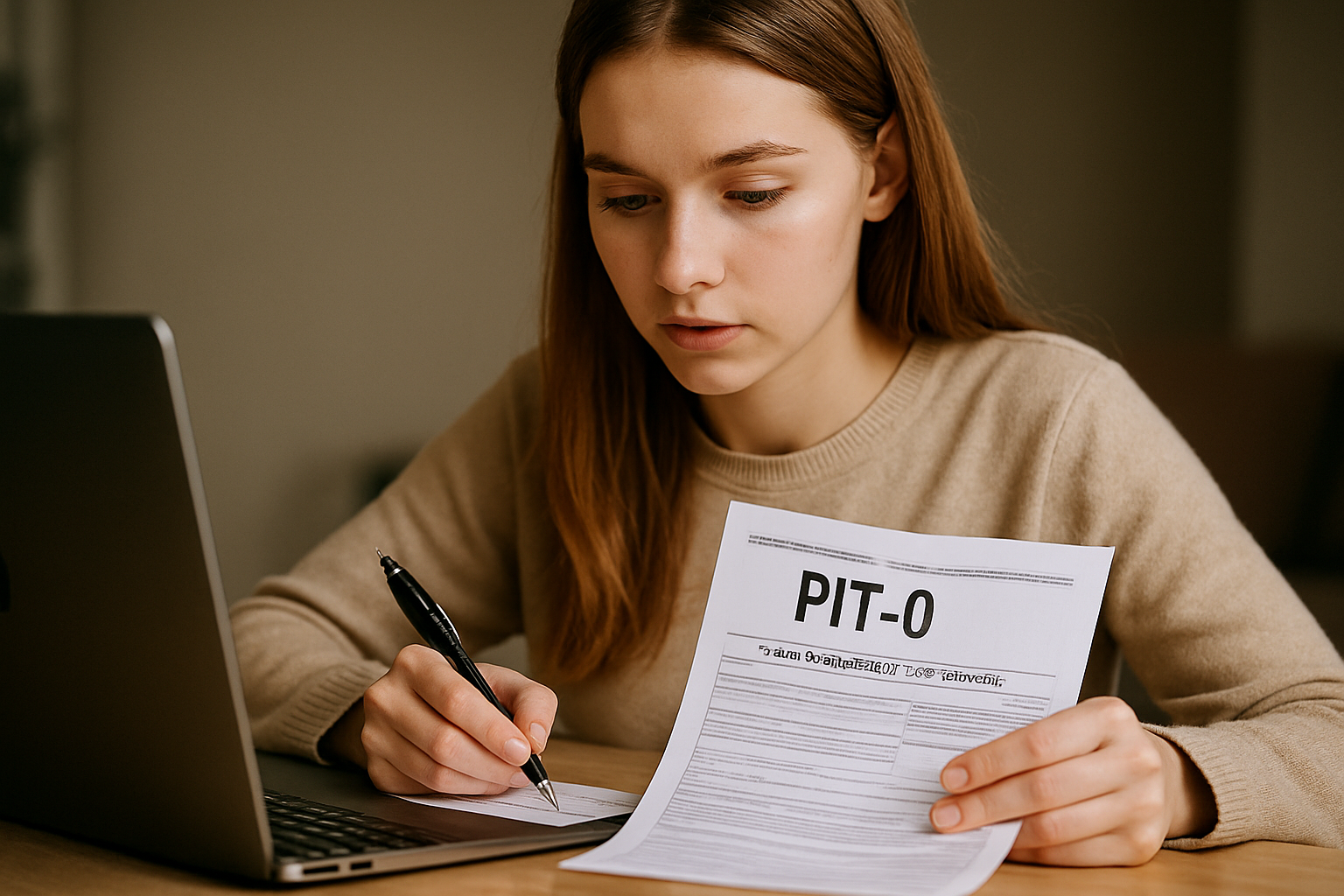 Młoda kobieta w beżowym swetrze wypełnia formularz PIT-0, siedząc przed laptopem na drewnianym biurku. Skupiona na zadaniu, trzyma długopis w ręku i analizuje dokument.