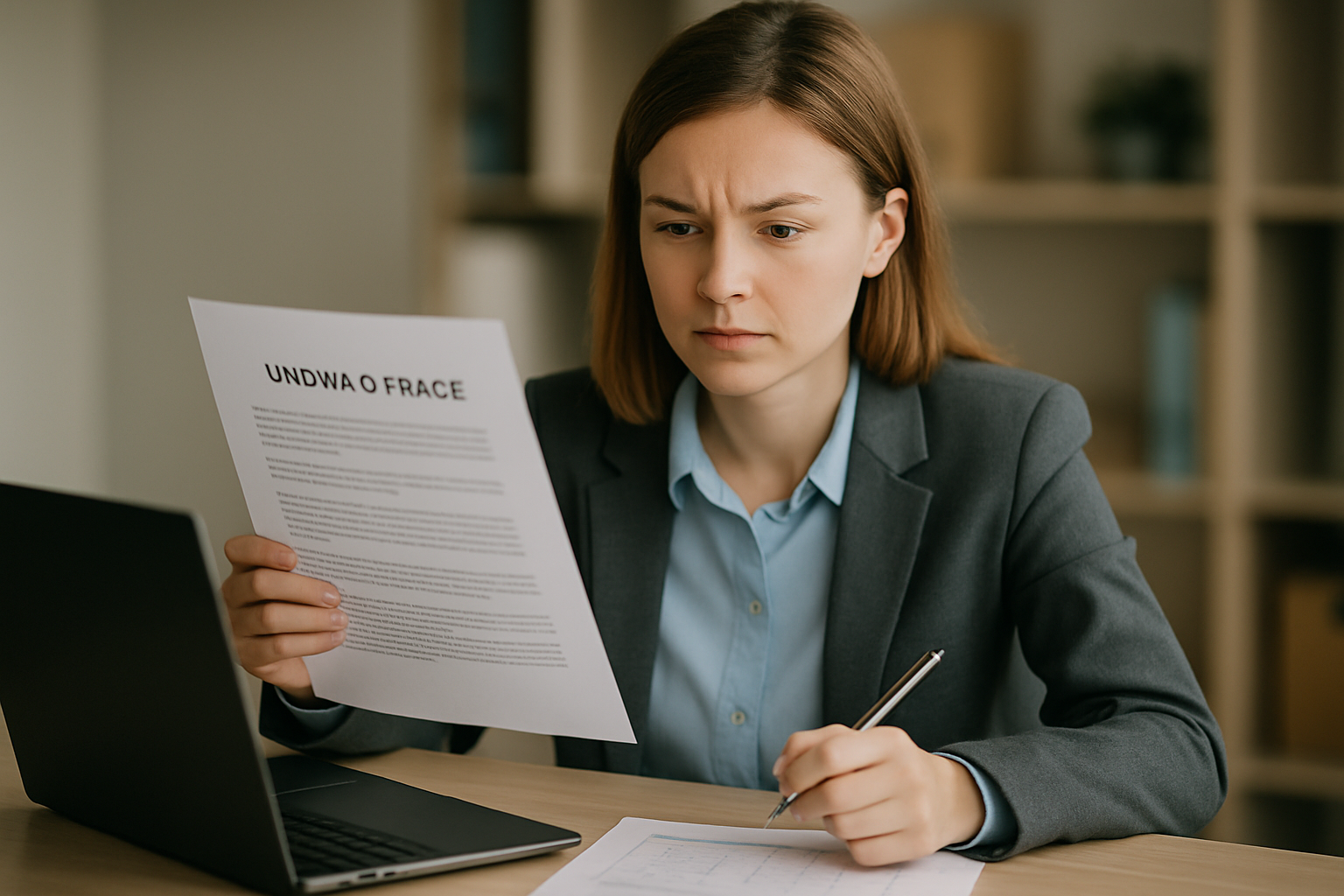 Młoda kobieta w eleganckim garniturze trzyma dokument dotyczący umowy o pracę, z wyraźnym skupieniem na twarzy. Siedzi przy biurku z laptopem i notuje informacje na kartce.