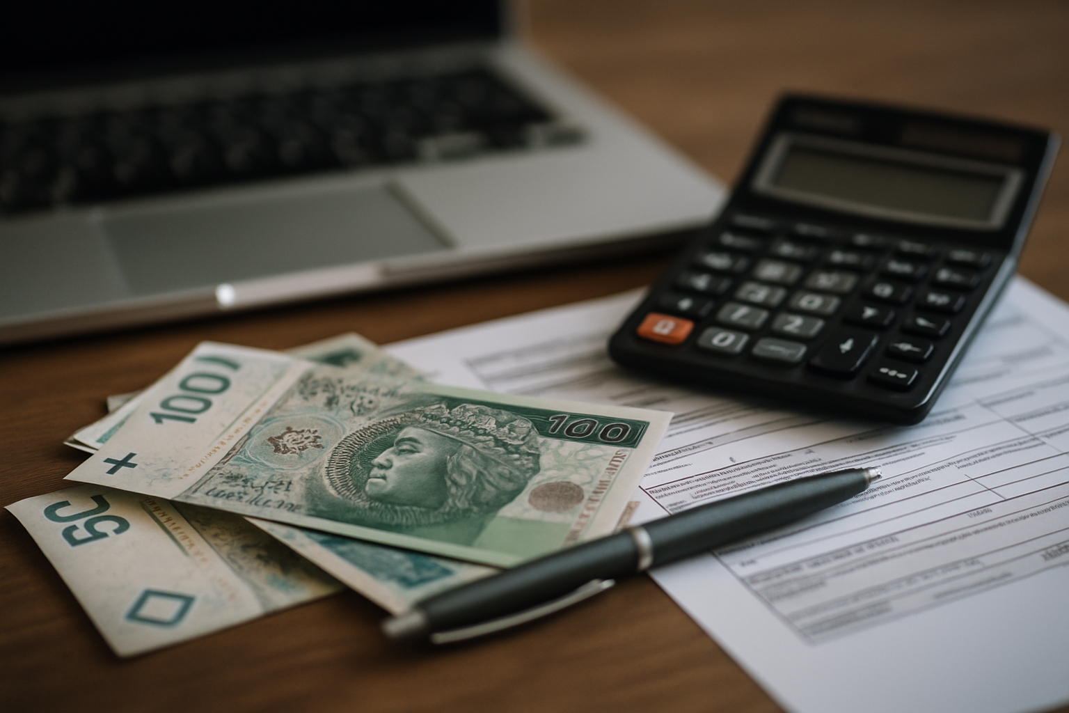 Obraz przedstawia biurko z laptopem, kalkulatorem, banknotami polskich złotych i dokumentami. Widoczne są banknoty o nominałach 100 i 50 zł. Idealny do ilustracji tematów finansowych, budżetowania lub pracy biurowej.