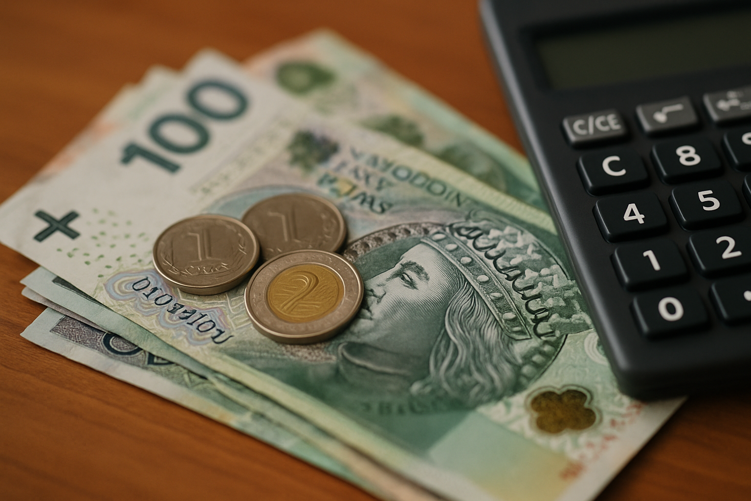 Stos pieniężny w polskich złotych, w tym banknoty 100 zł oraz monety 1 i 2 zł, obok kalkulatora na drewnianym biurku.