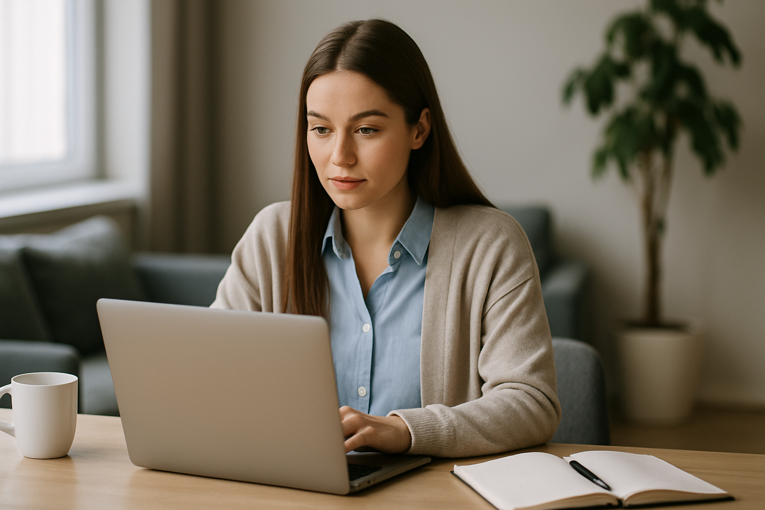 Kobieta pracująca przy laptopie w domowym biurze, otoczona roślinnością, z kubkiem kawy i notesem na stole.