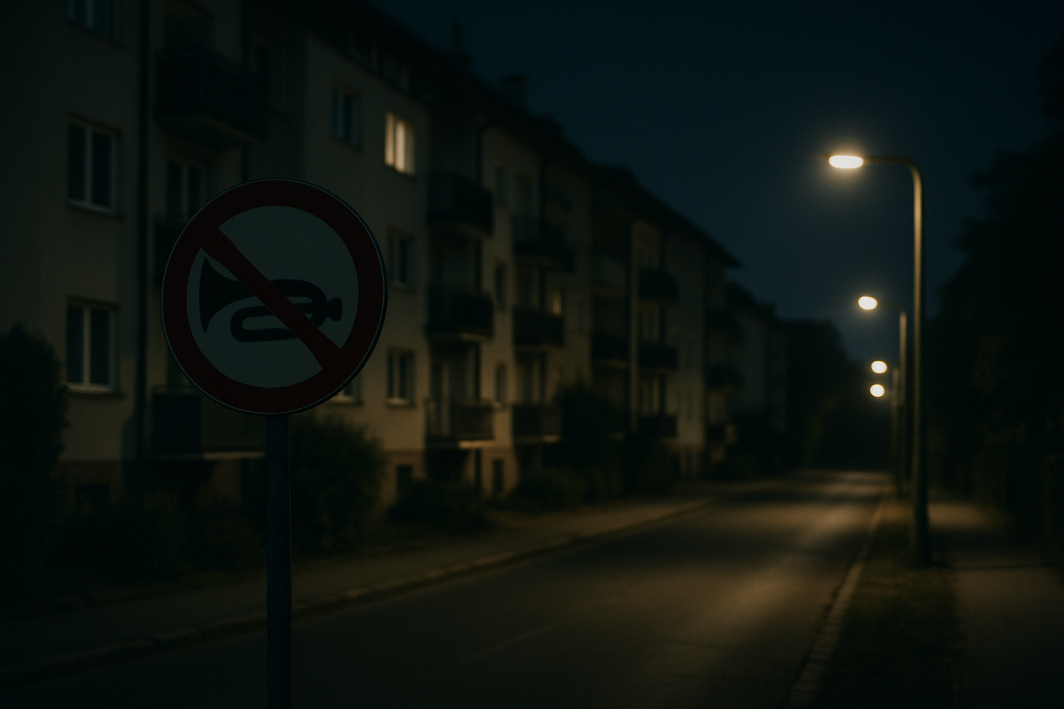 Zakaz grania na trąbce na znaku drogowym w nocnej scenerii miejskiej, z oświetlonymi budynkami w tle.