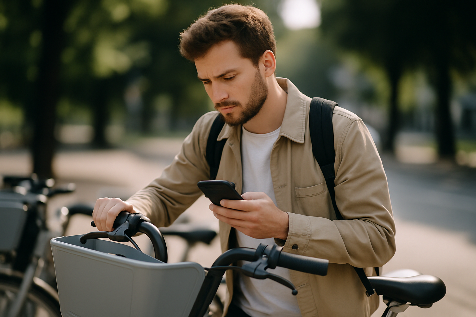 Mężczyzna z brodą stoi obok roweru, trzymając kierownicę i patrząc na telefon w parku. W tle widoczne są inne rowery i zielone drzewa.