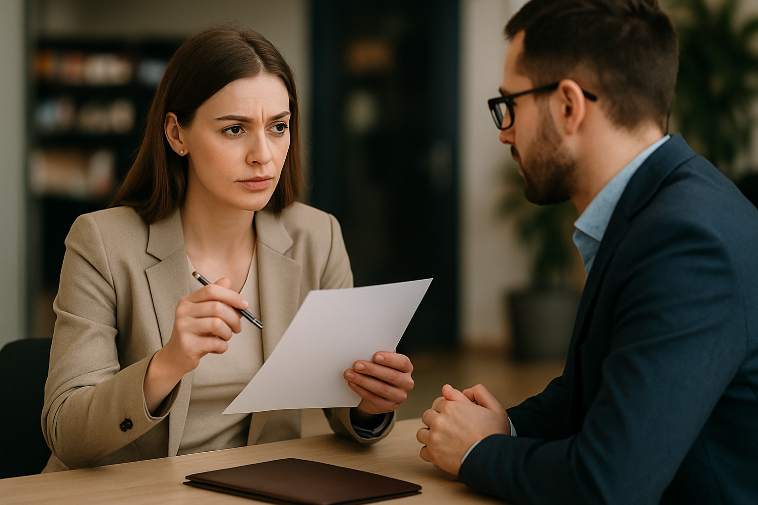 Kobieta w eleganckim garniturze trzyma dokumenty i uważnie rozmawia z mężczyzną w okularach, siedzącym przy biurku w nowoczesnym biurze.