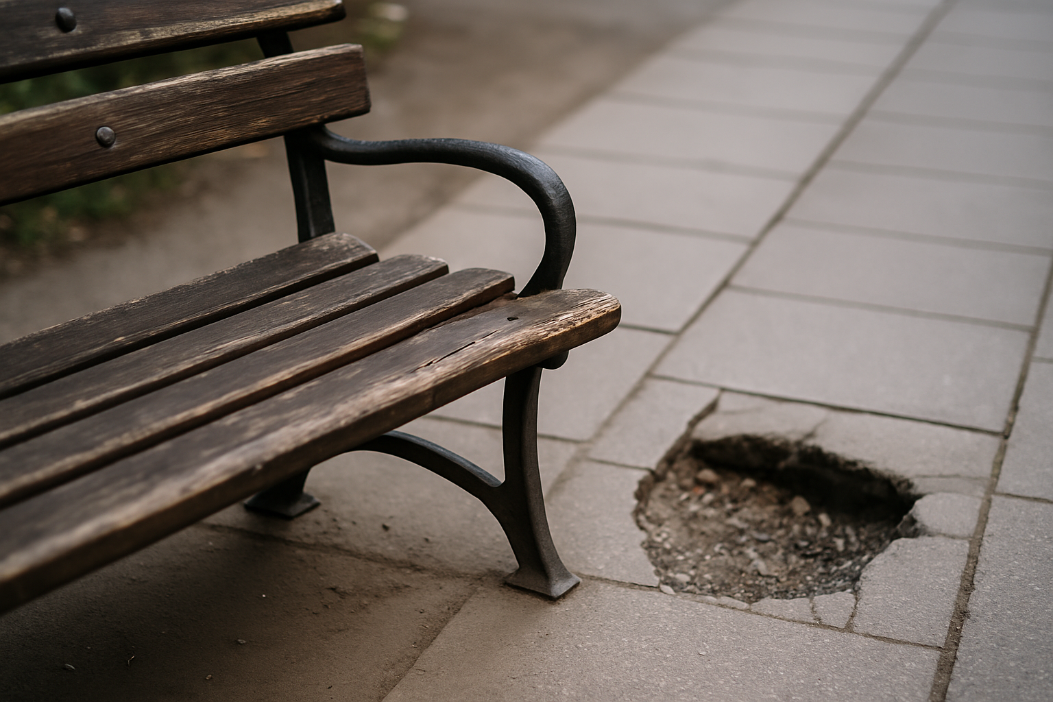 Ławka parkowa obok dziury w chodniku, z widocznymi uszkodzeniami nawierzchni.