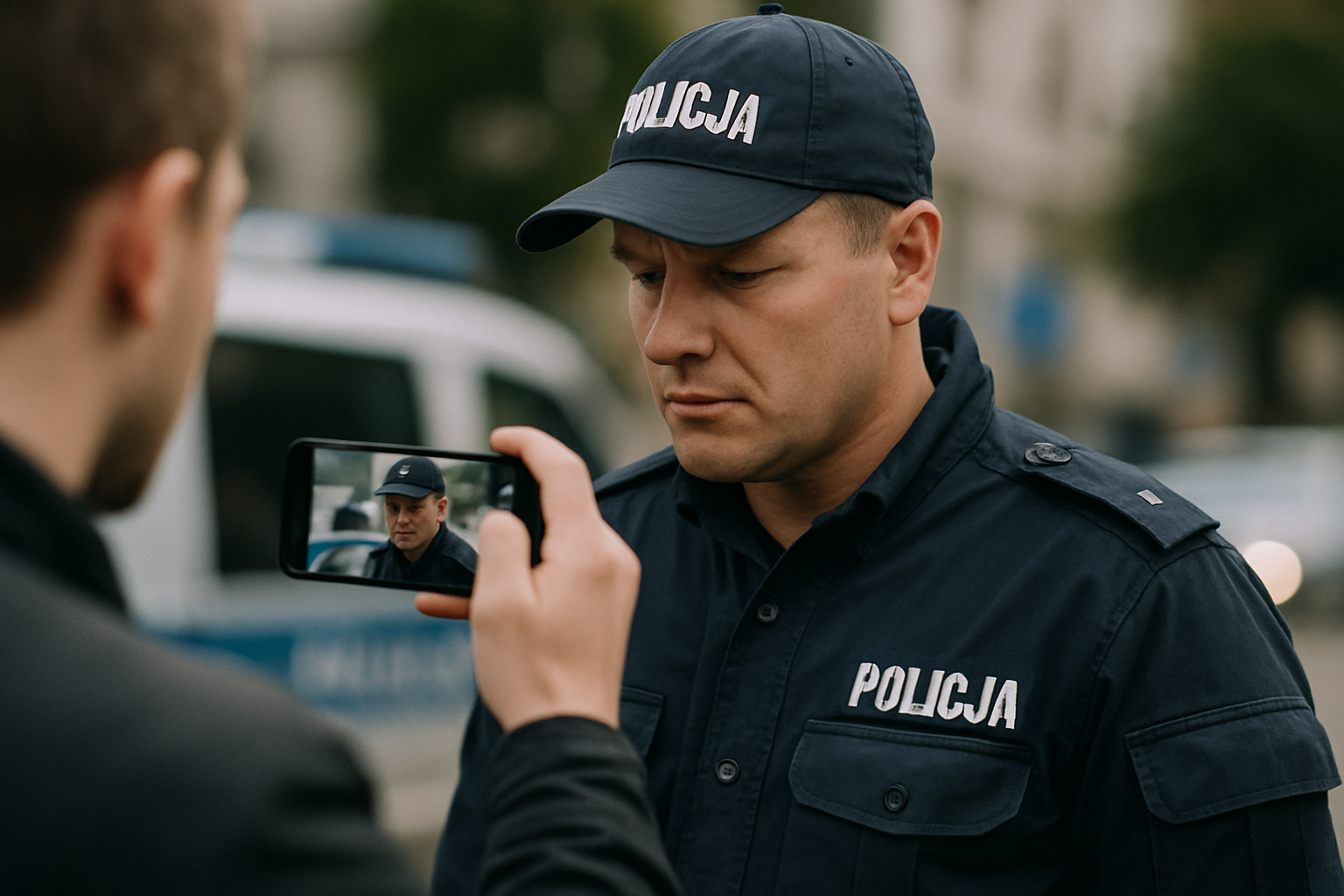 cover-276945 Mężczyzna w mundurze policjanta nagrywany przez drugą osobę na telefonie komórkowym, w tle policyjny radiowóz.