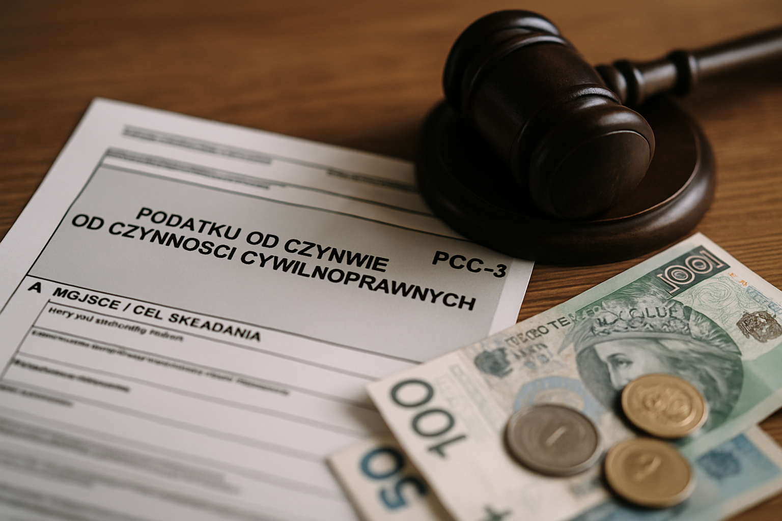 cover-276957 Dokument PCC-3 dotyczący podatku od czynności cywilnoprawnych leży na stoliku obok młotka sędziowskiego oraz polskich banknotów i monet.