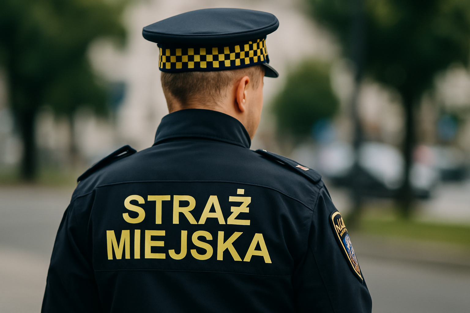Funkcjonariusz Straży Miejskiej w mundurze, widok z tyłu, z wyraźnym napisem "STRAŻ MIEJSKA" na plecach, na tle miejskiego krajobrazu.