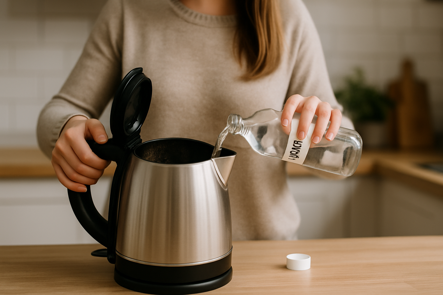 Kobieta w szarej bluzie nalewa wodę z butelki do metalowego czajnika na drewnianym blacie kuchennym.