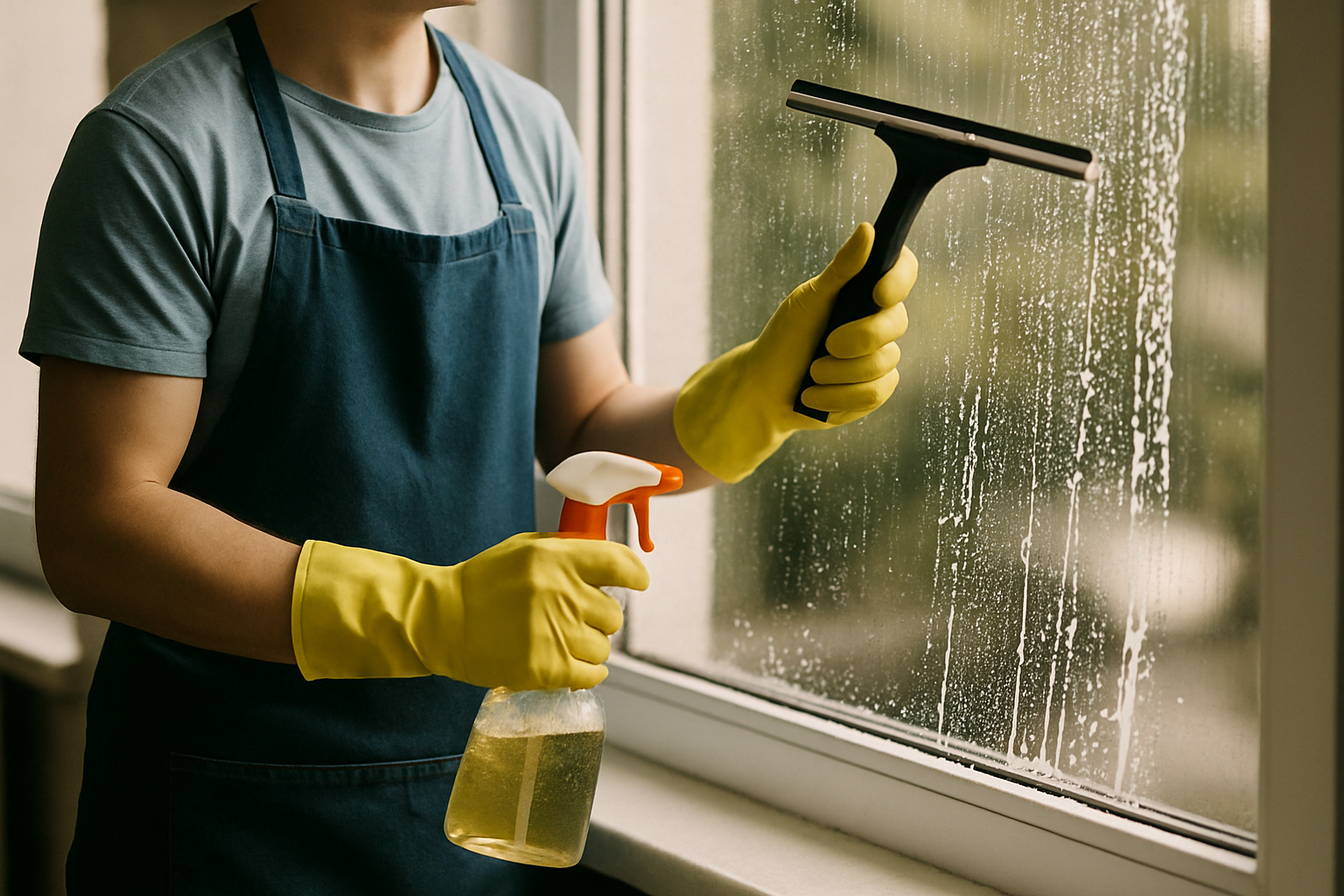 Osoba w żółtych rękawiczkach myje okno, trzymając w jednej ręce spryskiwacz, a w drugiej ściągaczkę do szyb.