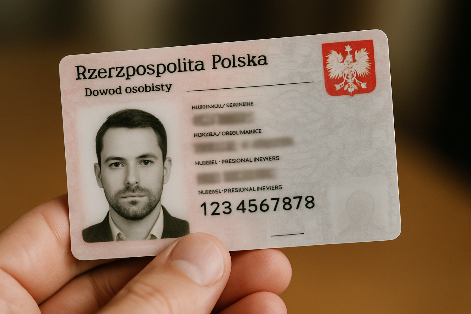 Dowód osobisty Rzeczypospolitej Polskiej trzymany w dłoni, z widocznym zdjęciem oraz danymi osobowymi, na tle rozmytej przestrzeni.