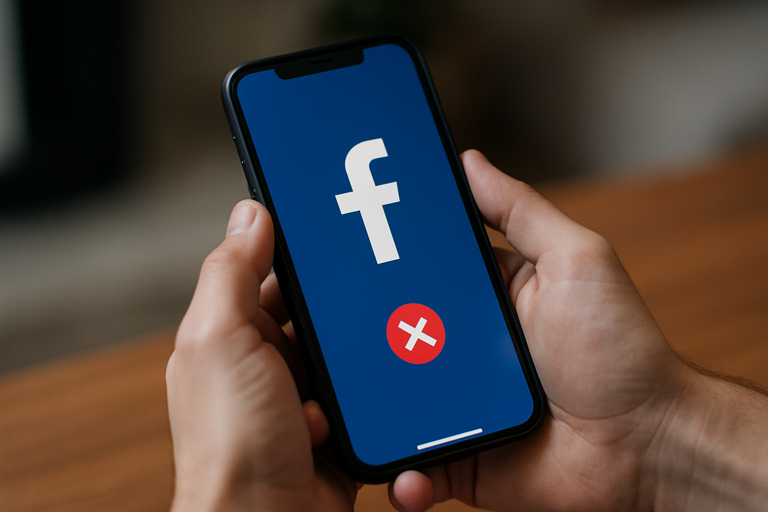 cover-277177 Smartfon trzymany w dłoniach, na ekranie aplikacja Facebook z niebieskim tłem i dużą literą „f” oraz czerwoną ikoną krzyżyka.