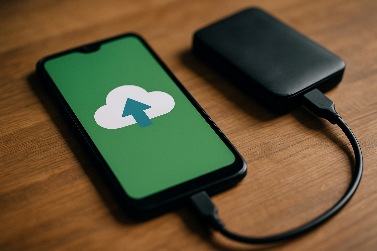 Smartfon z ikoną chmury i strzałką w górę na zielonym tle, podłączony do zewnętrznego dysku twardego przez kabel.