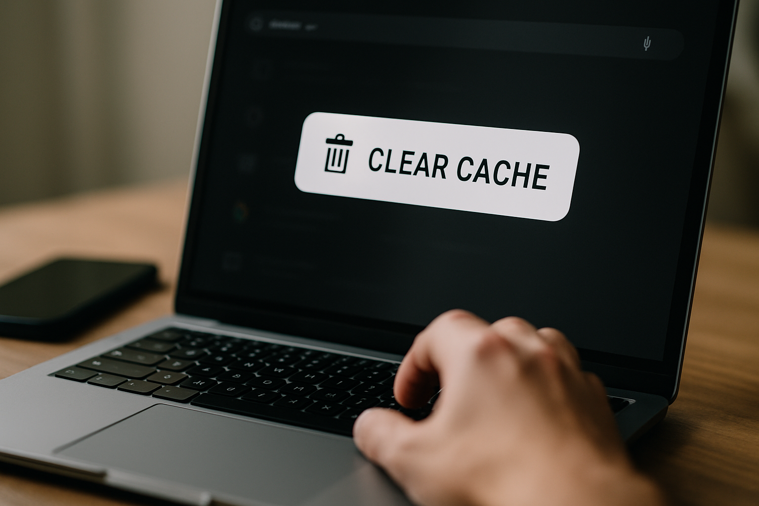 cover-277195 Obraz przedstawia rękę użytkownika laptopa, na ekranie widoczny przycisk "CLEAR CACHE". Tematyka dotyczy usuwania pamięci podręcznej w celu poprawy wydajności urządzenia.