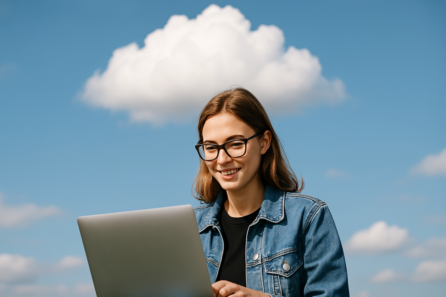Młoda kobieta w okularach, uśmiechnięta, korzystająca z laptopa na tle błękitnego nieba z chmurami.
