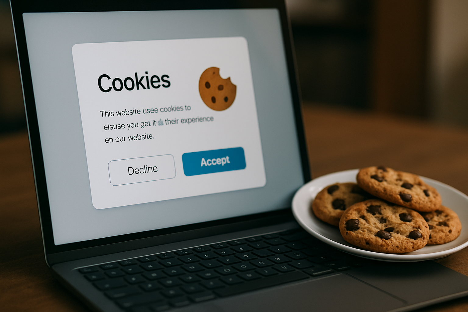 cover-277225 Ekran laptopa z powiadomieniem o używaniu cookies na stronie internetowej, obok talerza z ciasteczkami czekoladowymi.
