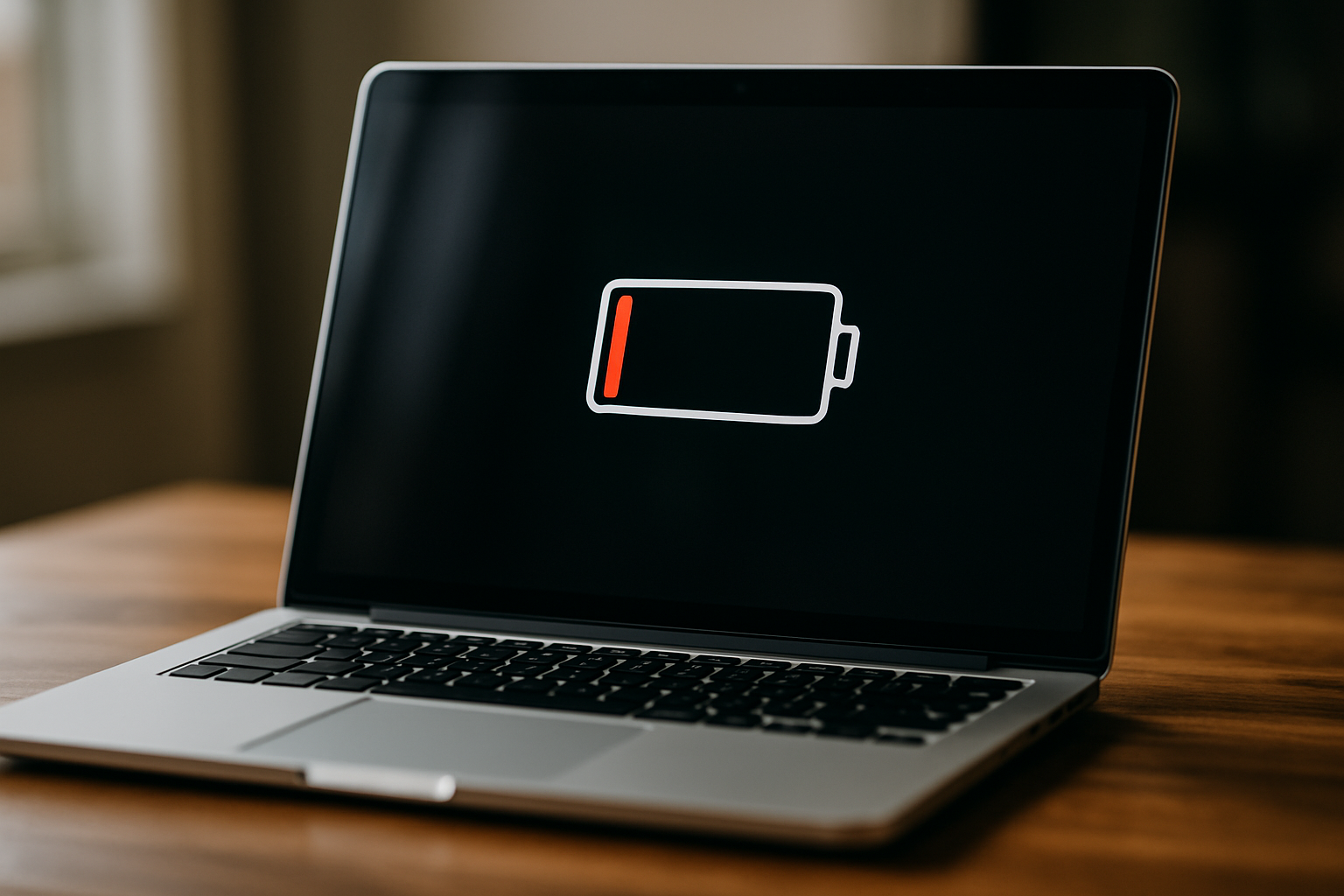 cover-277228 Laptop z wyświetlaczem pokazującym ikonę rozładowanej baterii na czarnym tle, umieszczony na drewnianym biurku.