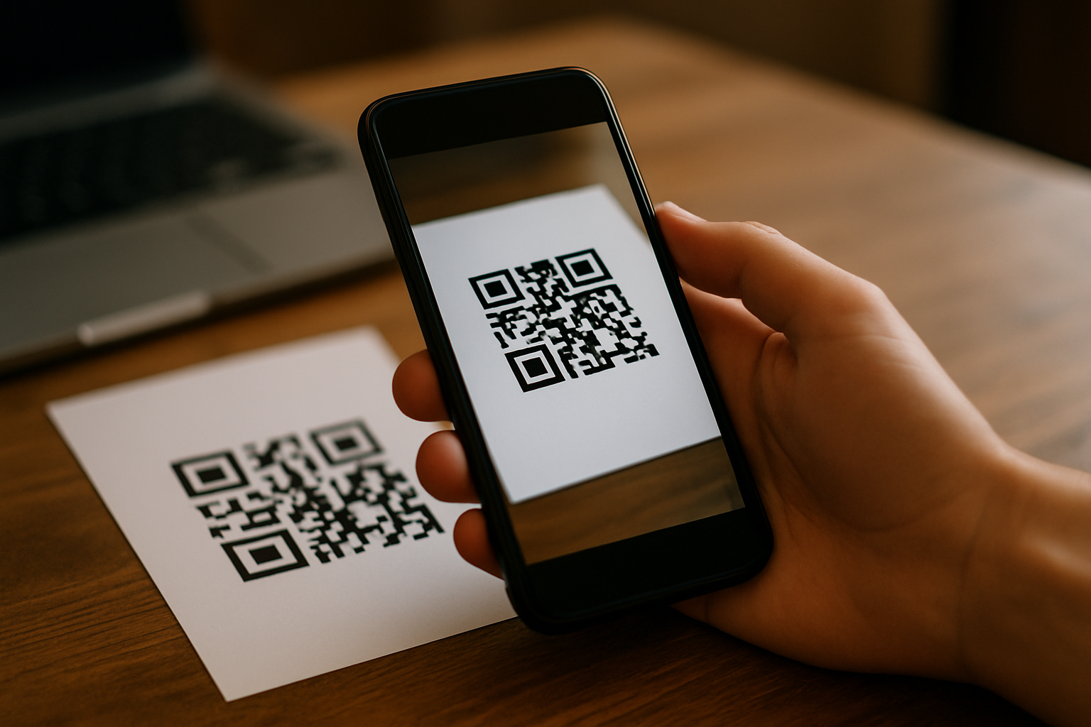 cover-277234 Osoba skanująca kod QR za pomocą smartfona, obok wydrukowany kod QR na biurku. W tle widoczny laptop.
