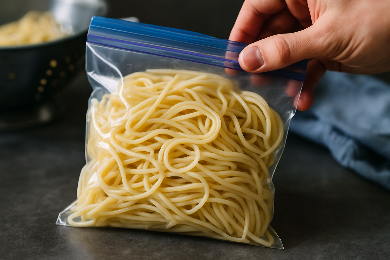 Zamknięta w woreczku strunowym porcja ugotowanego makaronu spaghetti, trzymana w ręce na tle ciemnego blatu kuchennego.