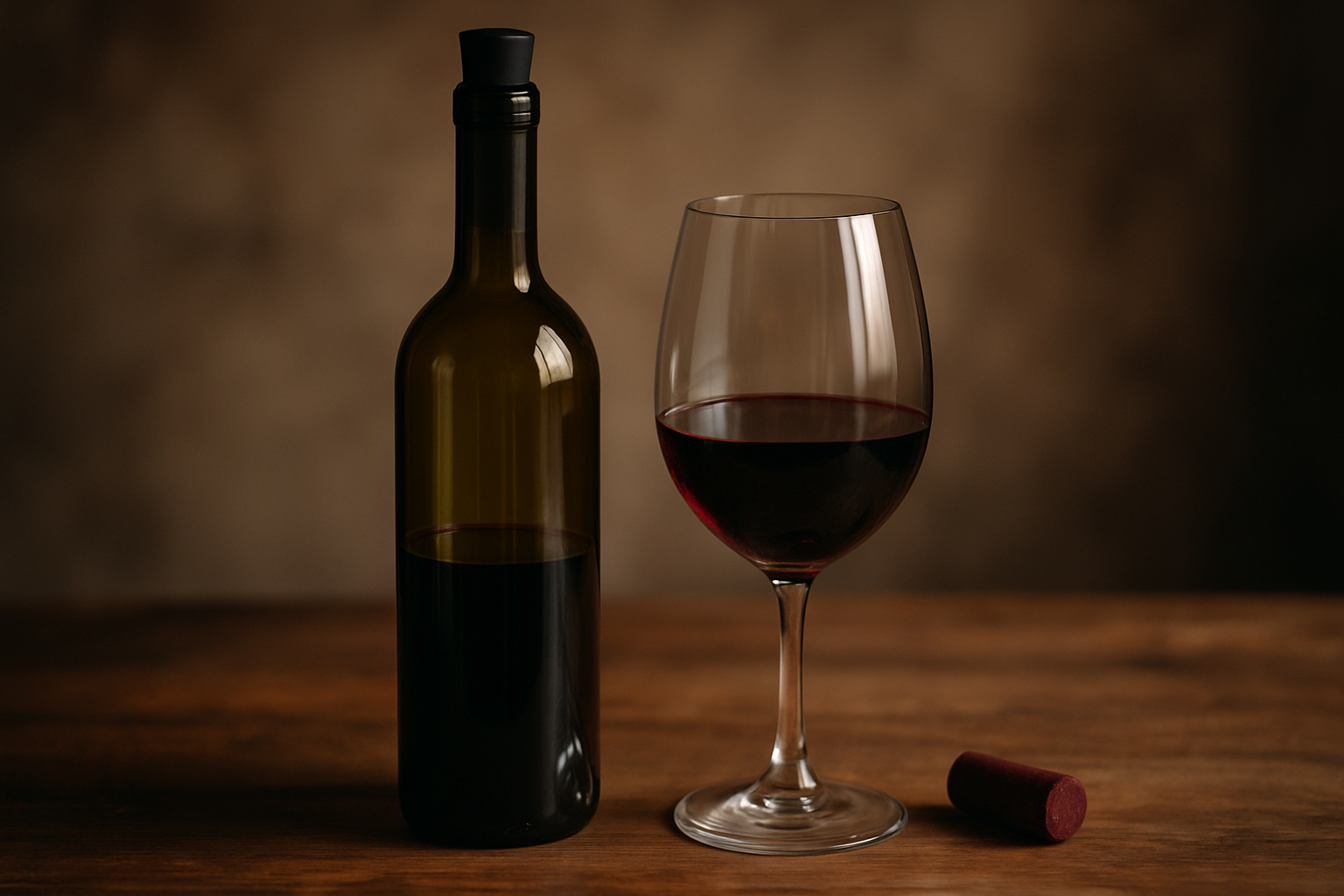 Butelka czerwonego wina obok kieliszka z winem na drewnianym stole, z korkiem w tle.