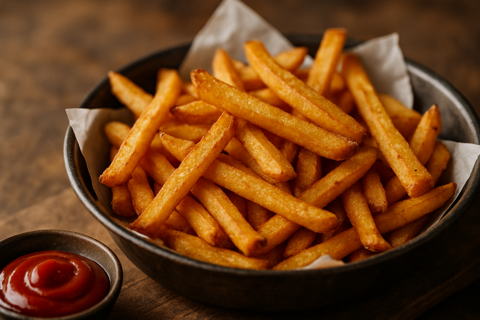 cover-277279 Złote frytki podane w misce, obok sos pomidorowy, na drewnianym blacie. Idealna przekąska do burgerów lub jako dodatek do dania głównego.