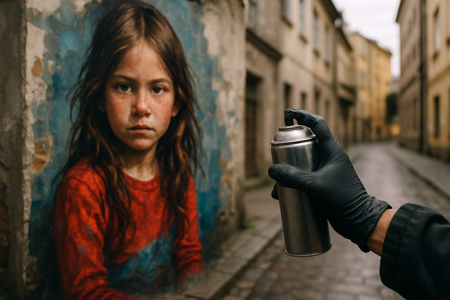 cover-277327 Młoda dziewczyna o długich, brązowych włosach, ubrana w czerwoną bluzę, patrzy w obiektyw. W tle widoczny mural przedstawiający jej portret. Osoba w czarnej rękawiczce trzyma spray, gotowa do działania na opustoszałej ulicy.