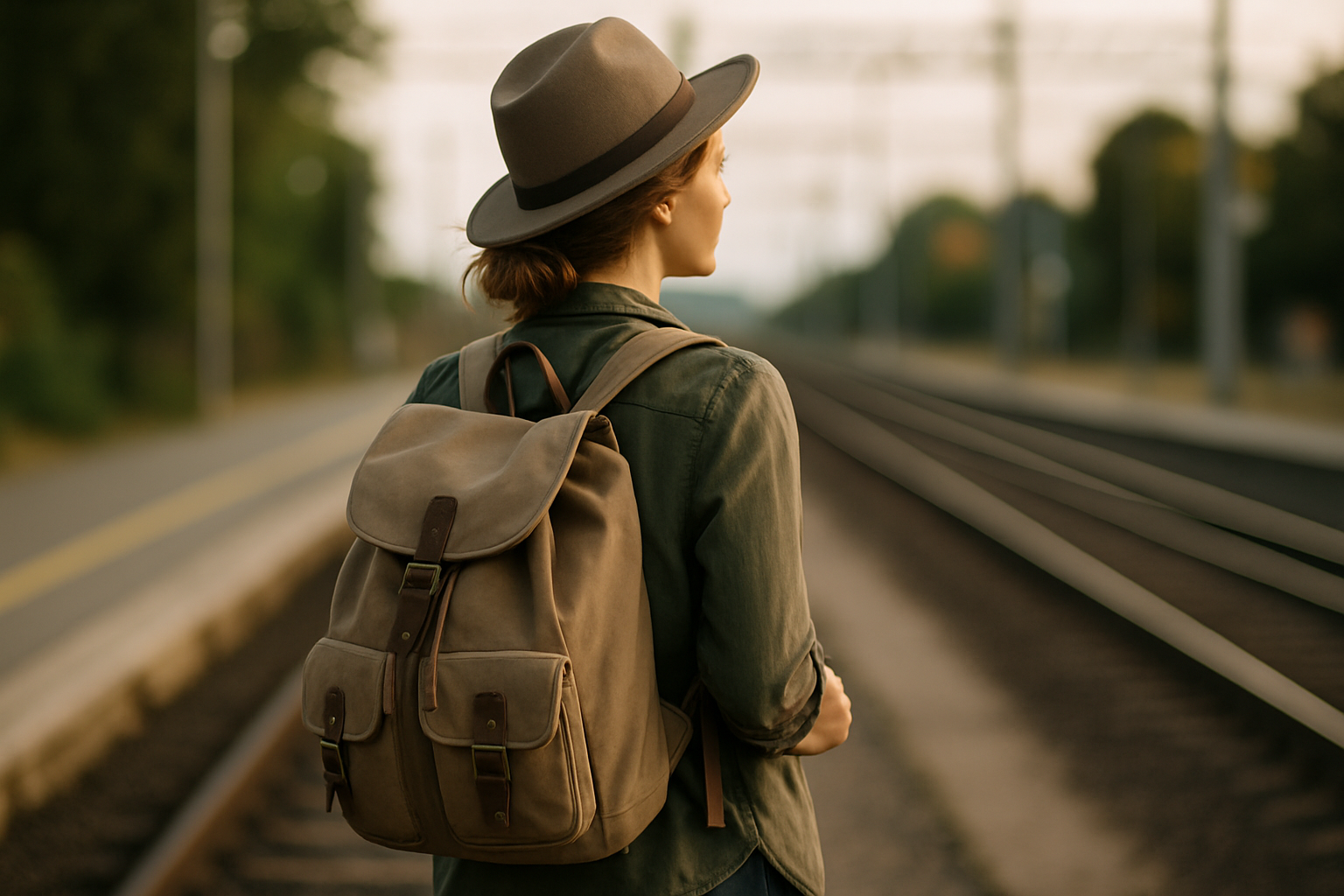 Młoda kobieta z plecakiem na plecach, stojąca na peronie kolejowym, z widokiem na tory. Ubrana w zieloną koszulę i szary kapelusz, w otoczeniu przyrody podczas zachodu słońca.