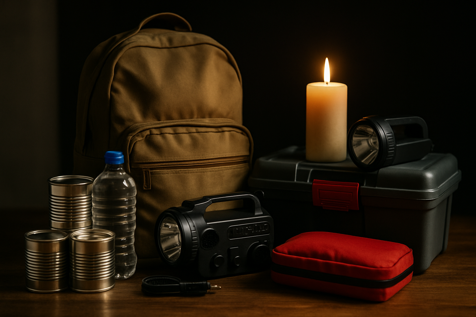 Zestaw survivalowy z plecakiem, latarką, świecą, wodą butelkowaną, konserwami oraz skrzynką narzędziową. Idealny do przygotowania na sytuacje awaryjne.